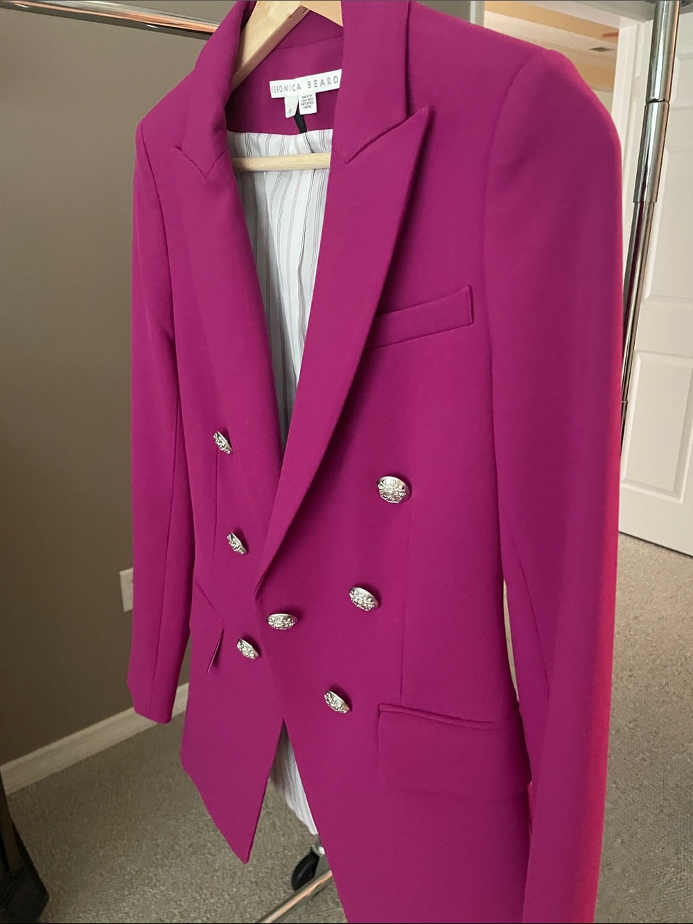 Veronica Beard Double-Breasted Magenta Blazer with Decorative Silver Buttons - Picture 5 of 8